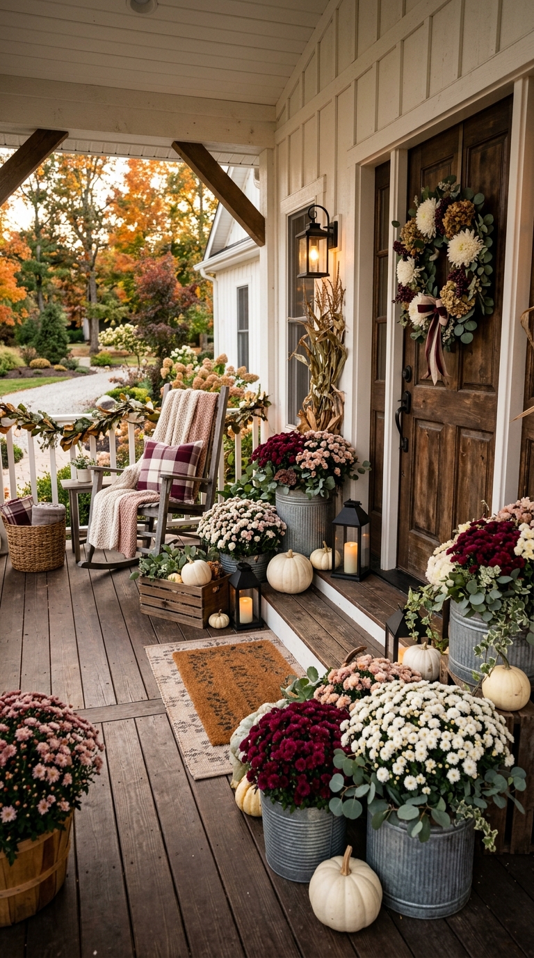 White and burgundy mums in galvanized planters on a fall farmhouse porch