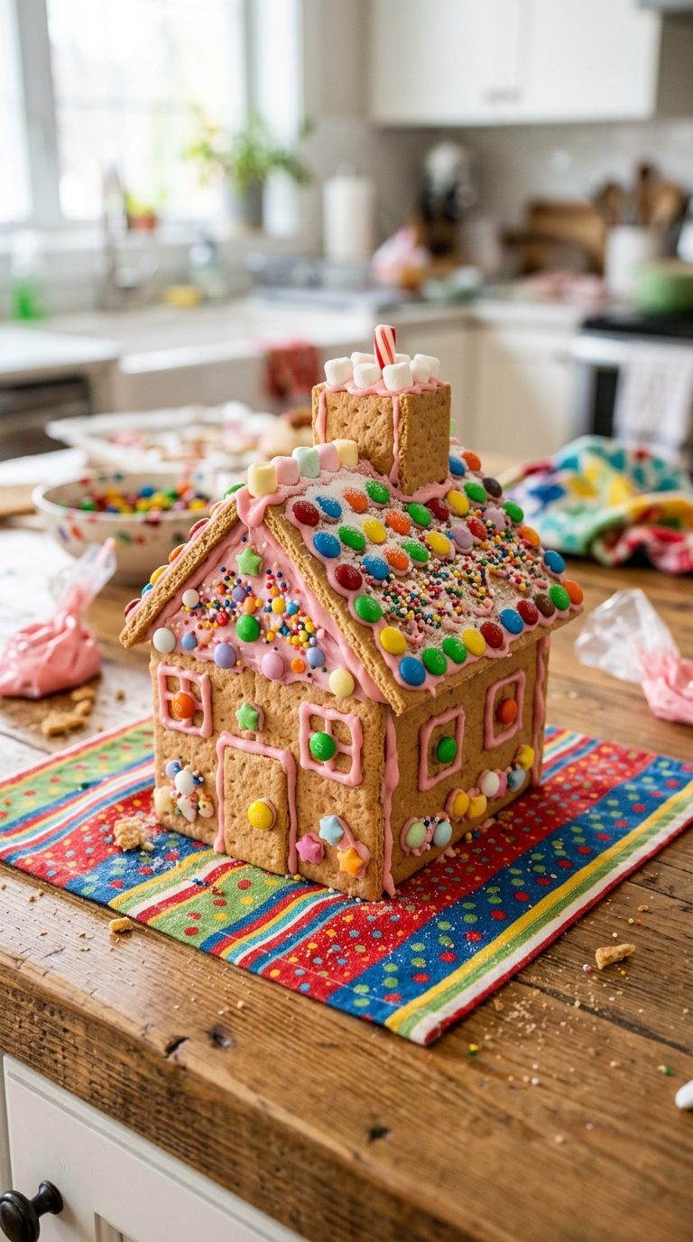 No-bake pink gingerbread house made from graham crackers and pink icing