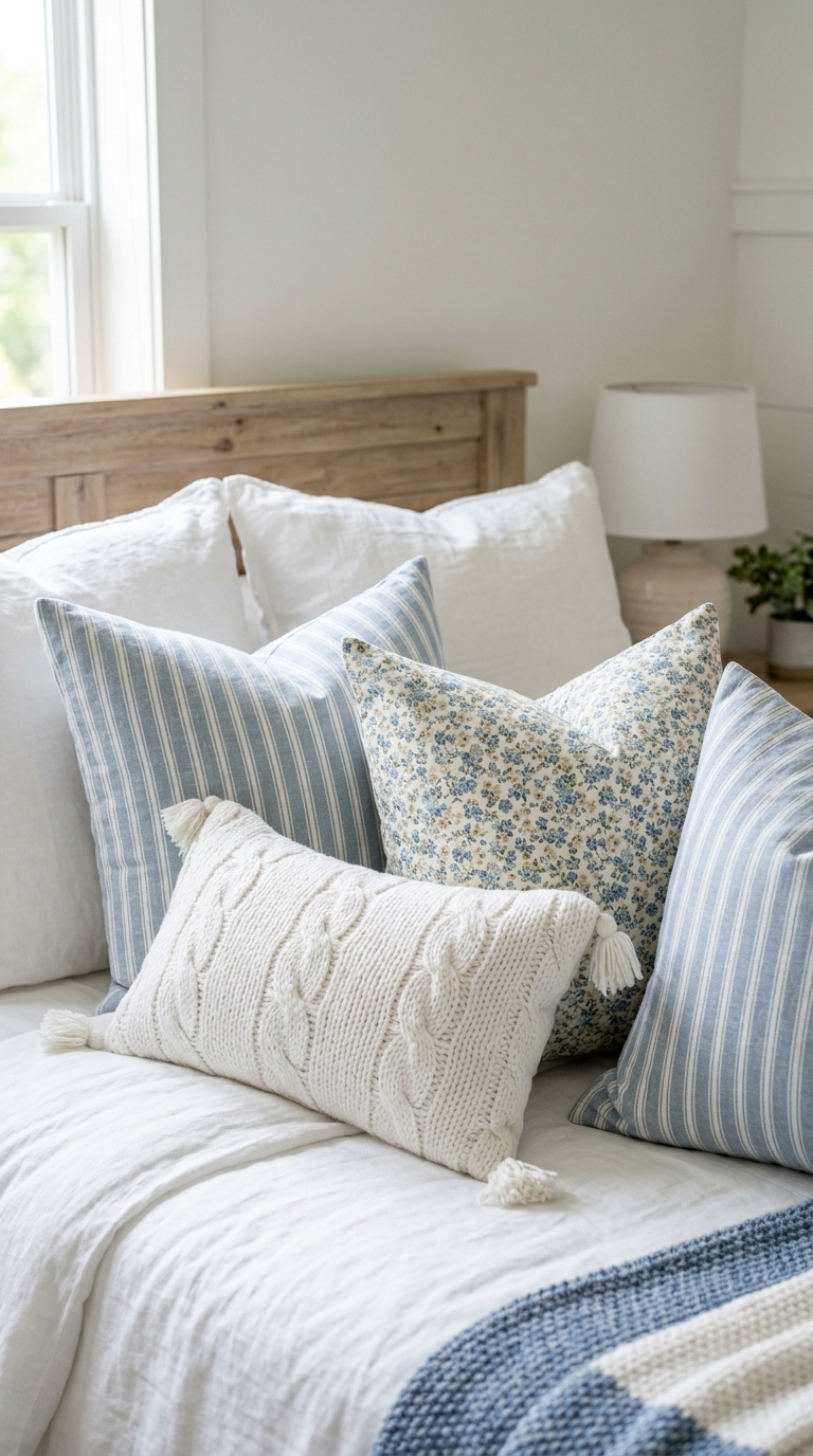 Layered stripe and floral throw pillows create an inviting coastal granddaughter bedroom idea