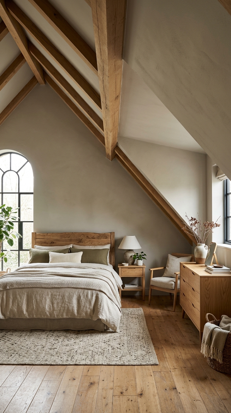 Bedroom with an off-center vaulted ceiling peak, bed placed under the taller side for balance