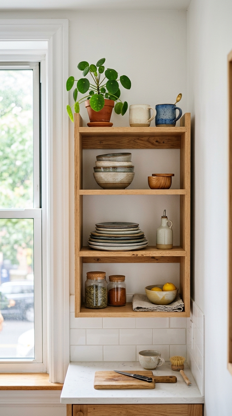 Light wood open shelving in a small apartment kitchen