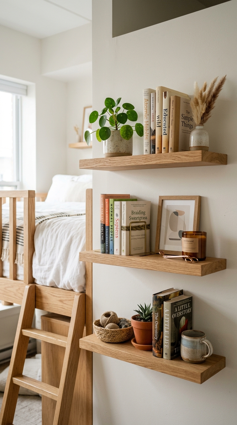 Loft bedroom with open floating shelves for airy storage