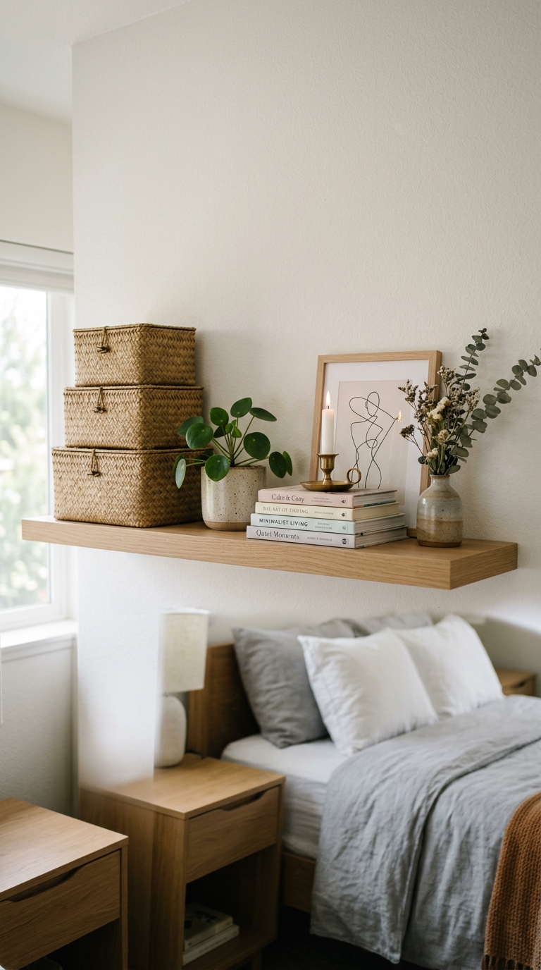 Open versus closed storage styling in small bedroom