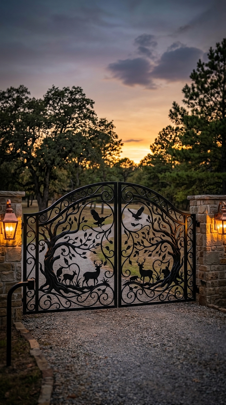 Ornamental art-style driveway gate with decorative metalwork