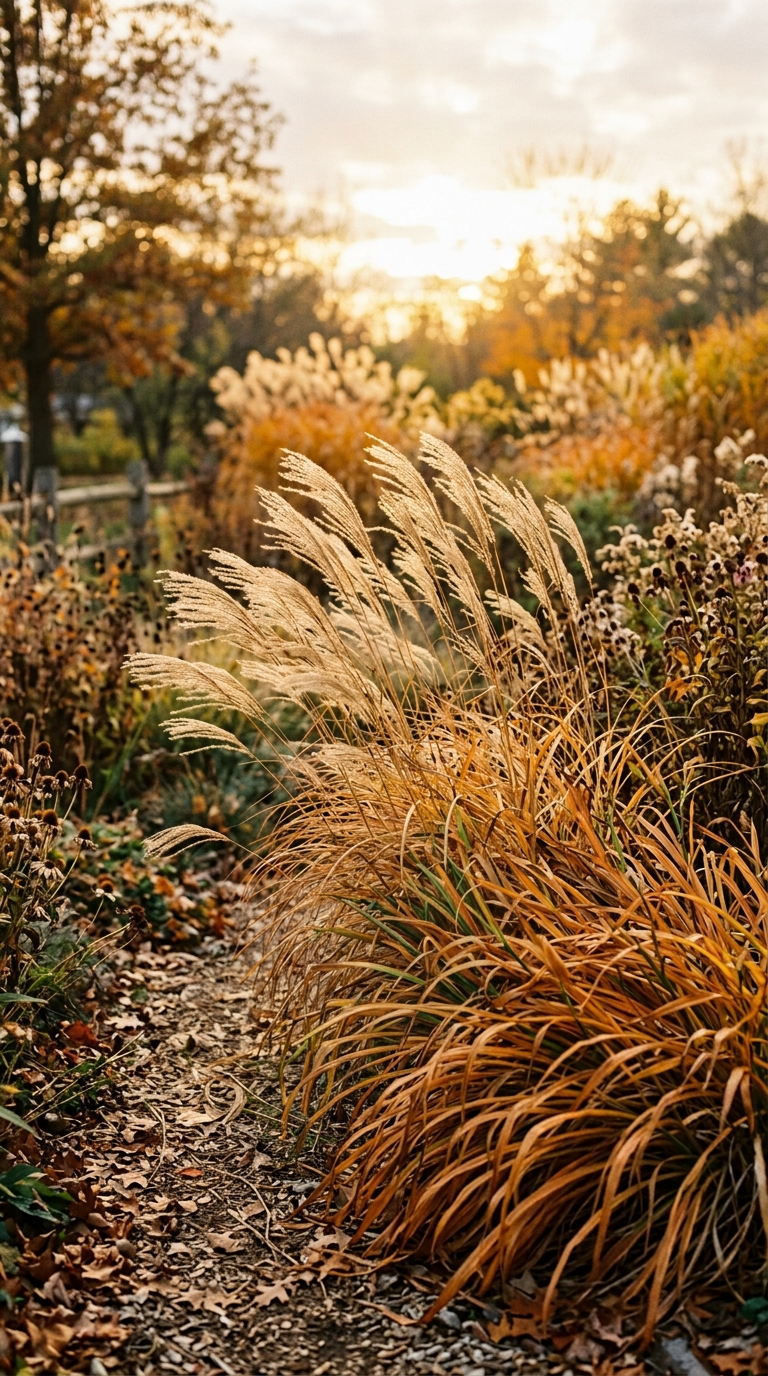 Ornamental grasses planted as a textural companion near daylilies