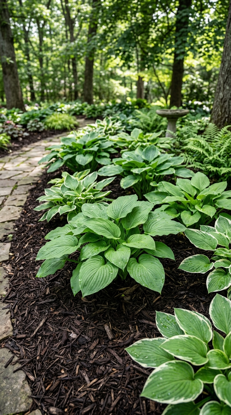 Freshly mulched garden bed surrounding healthy hosta plants