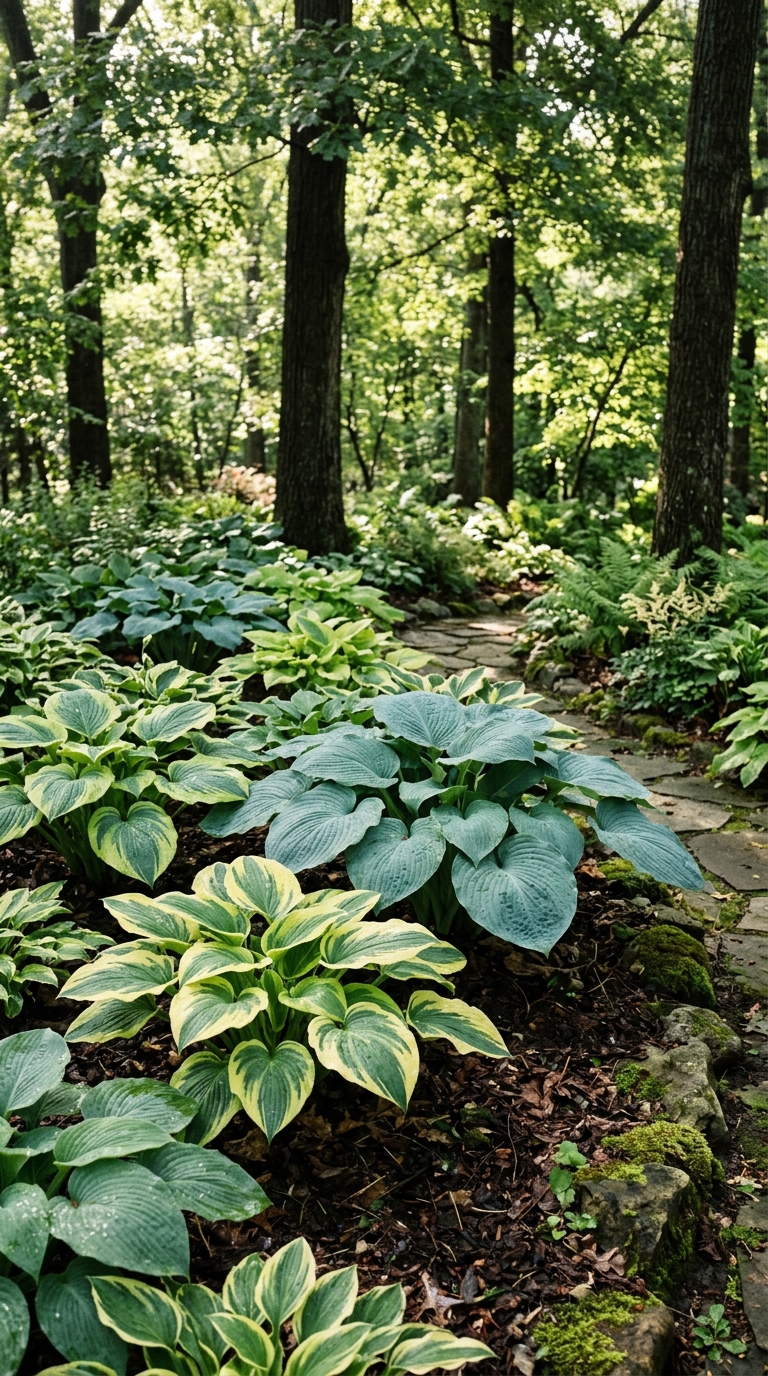 Hosta plants growing in dappled morning shade under tall trees in a garden bed
