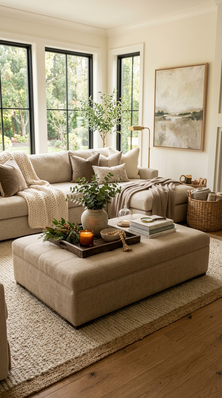 Elegant ottoman coffee table styled with decorative tray, candles, coffee table books, ceramic vase, and greenery in a cozy neutral living room