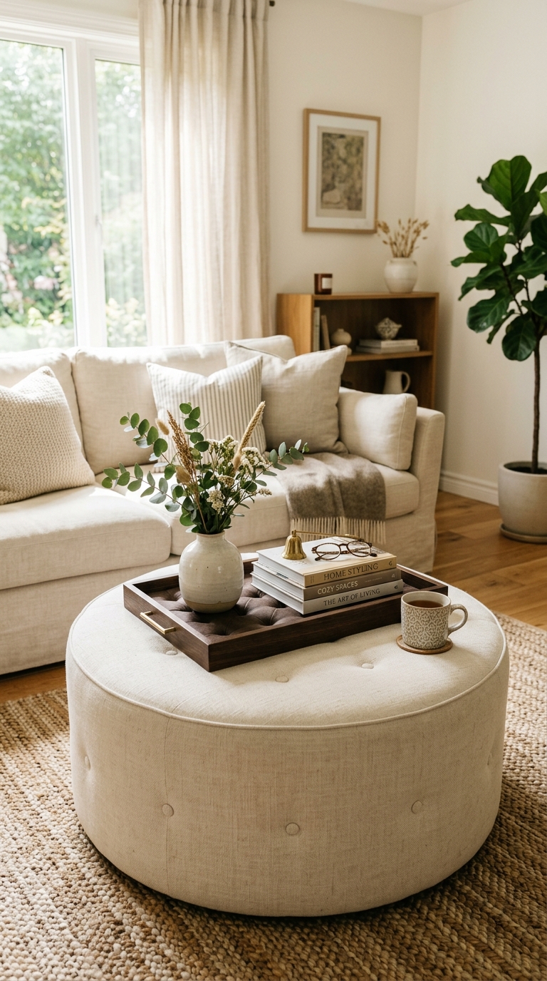Round ottoman coffee table decorated with a wooden tray for cozy living room styling