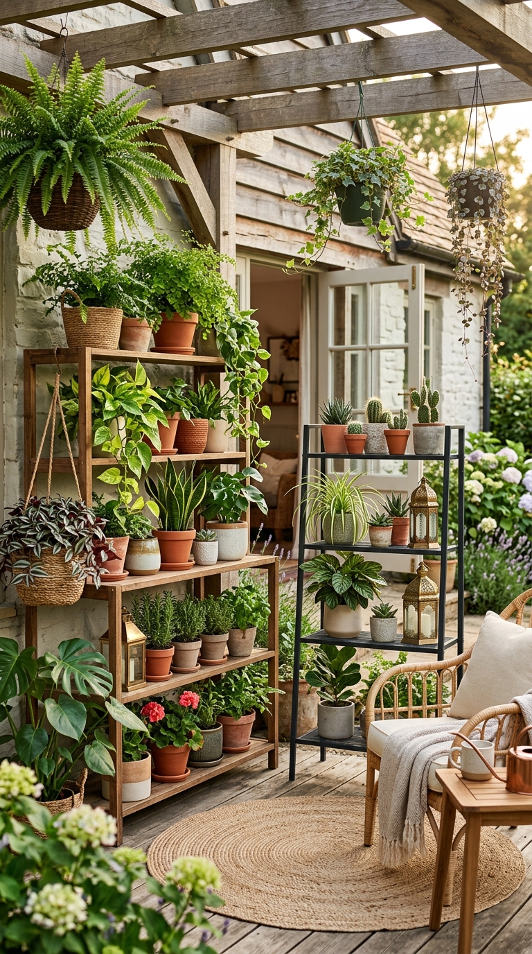 17 outdoor plant shelf ideas for patios, porches, and tiny balconies with stylish plant shelving inspiration.