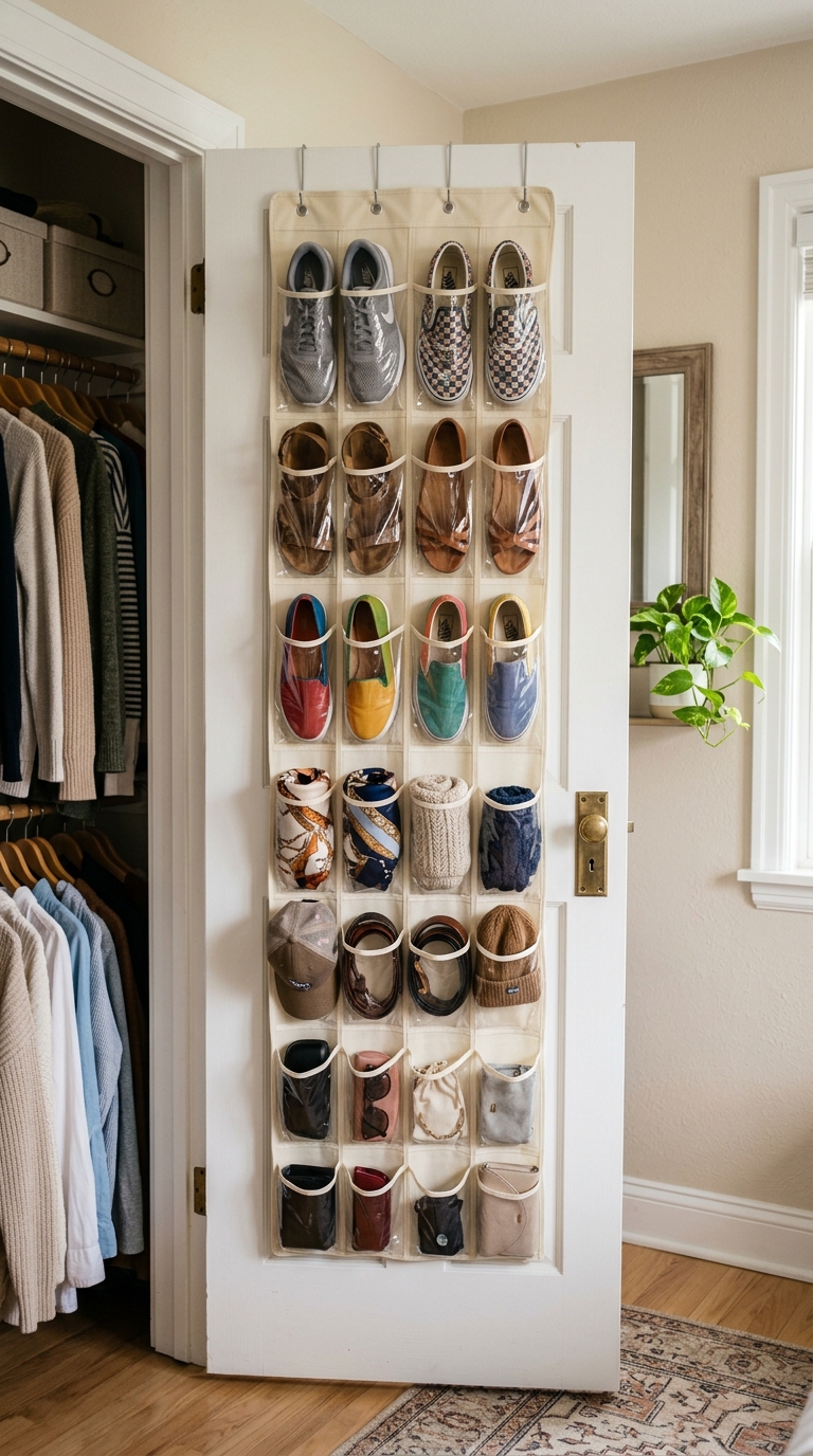 Over-the-door storage organizer in small bedroom