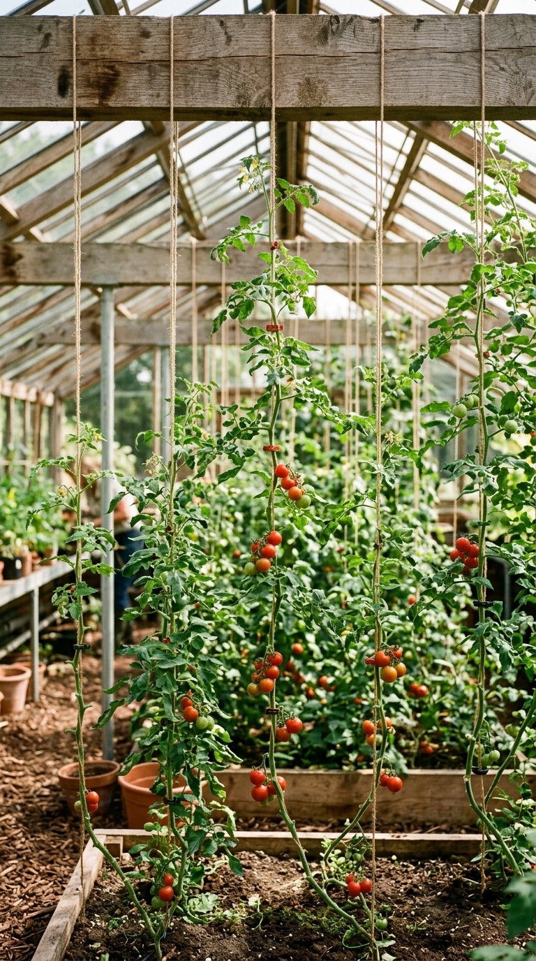 String trellis hanging from an overhead beam supporting climbing tomato vines