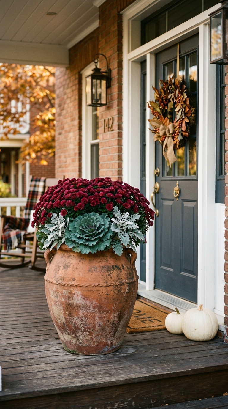 Oversized planter with kale and mums styled for colorful fall porch decor.