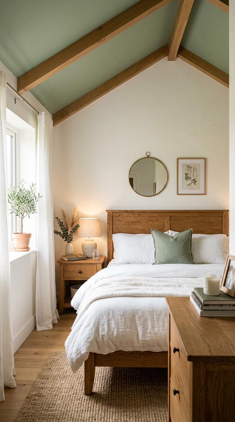Soft sage green painted vaulted bedroom ceiling with warm oak furniture and white bedding