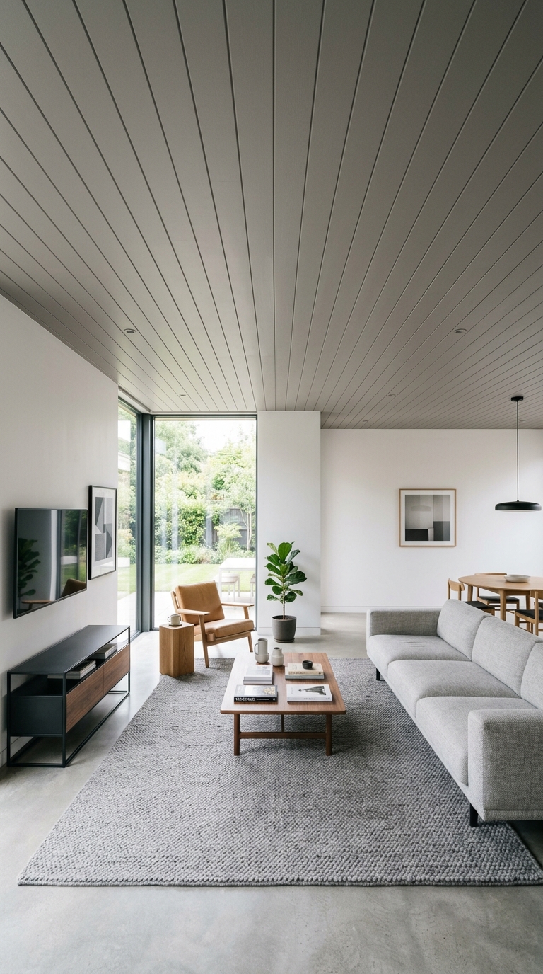 Painted MDF plank ceiling in modern living room