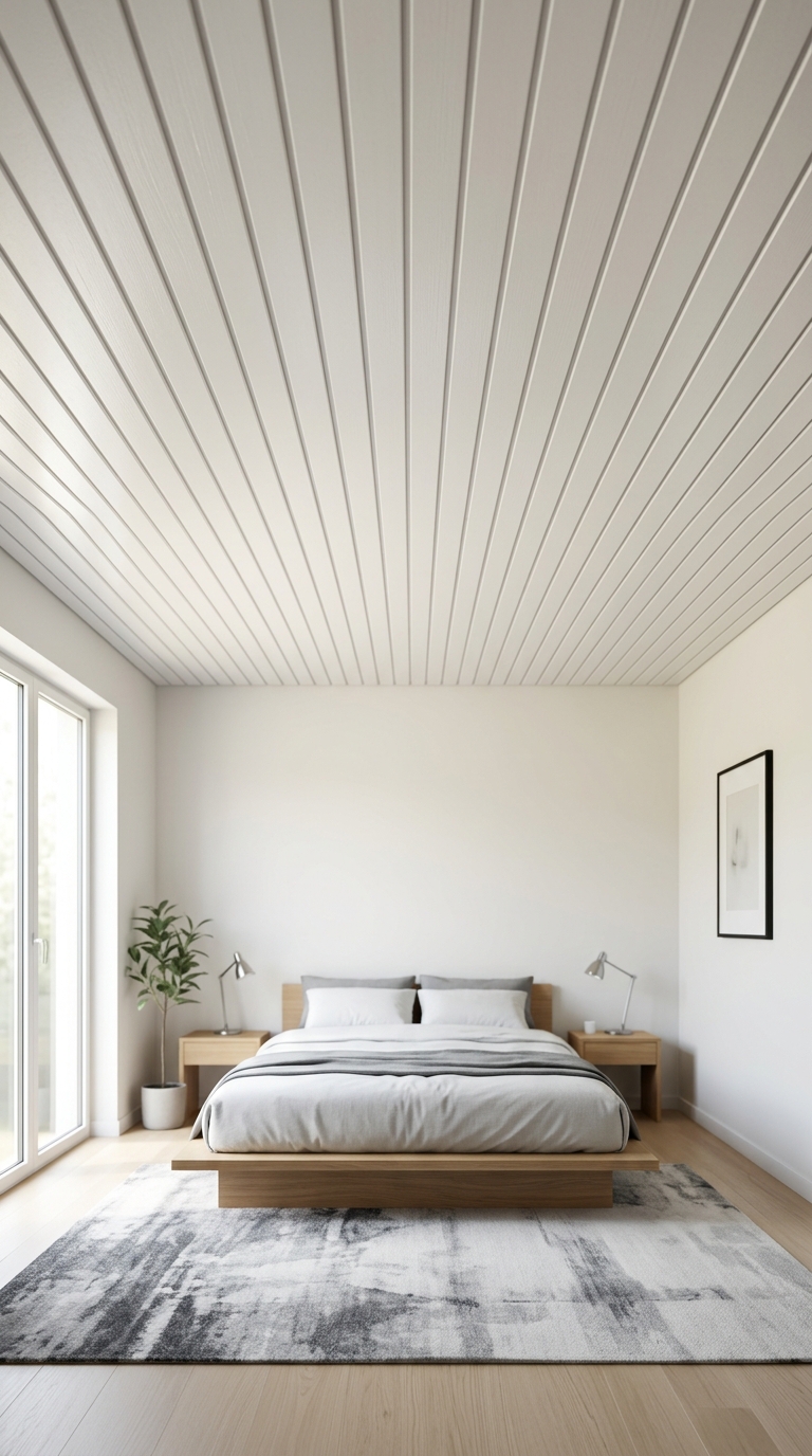 Painted particle board strip ceiling in modern bedroom