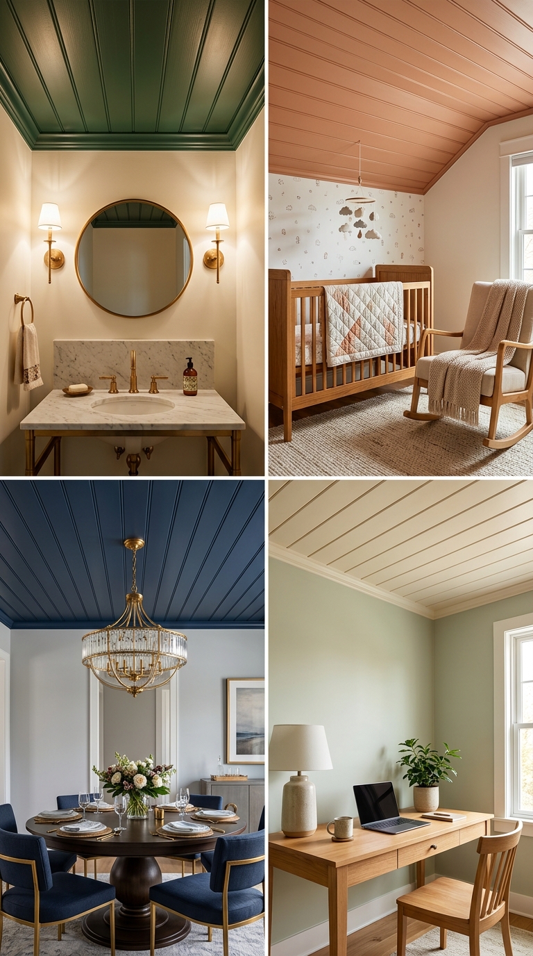 Powder room featuring a bold deep forest green painted wood plank ceiling with brass accents.