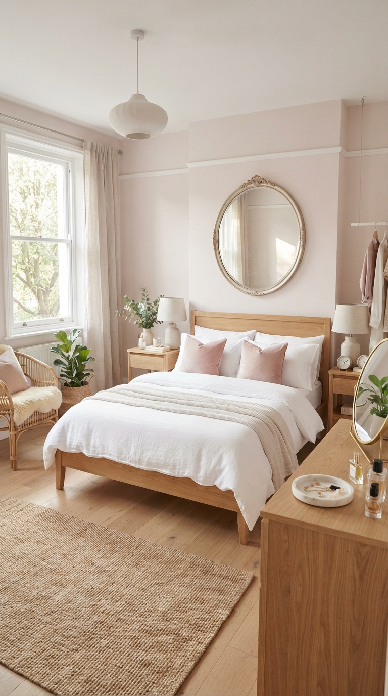 Pale blush bedroom walls creating a warm, subtle glow