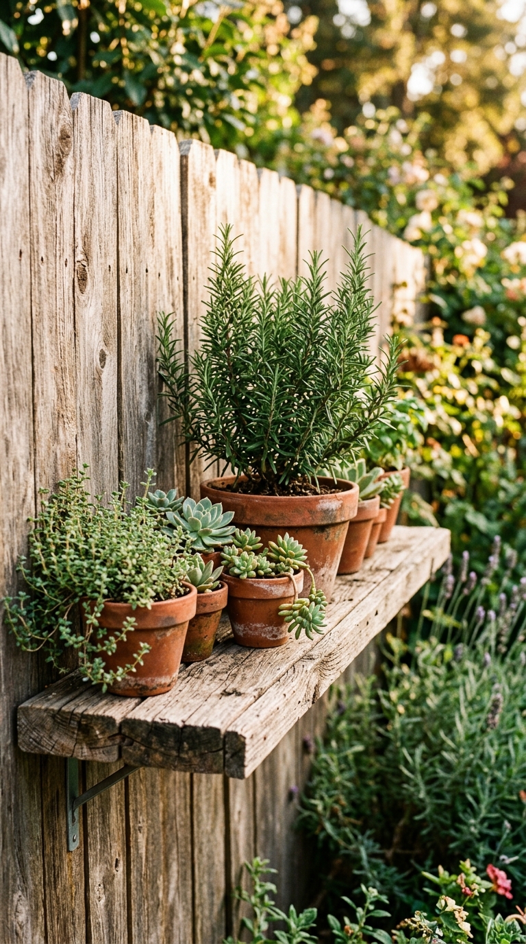 Pallet wood plant shelf mounted on a backyard fence with herbs and succulents