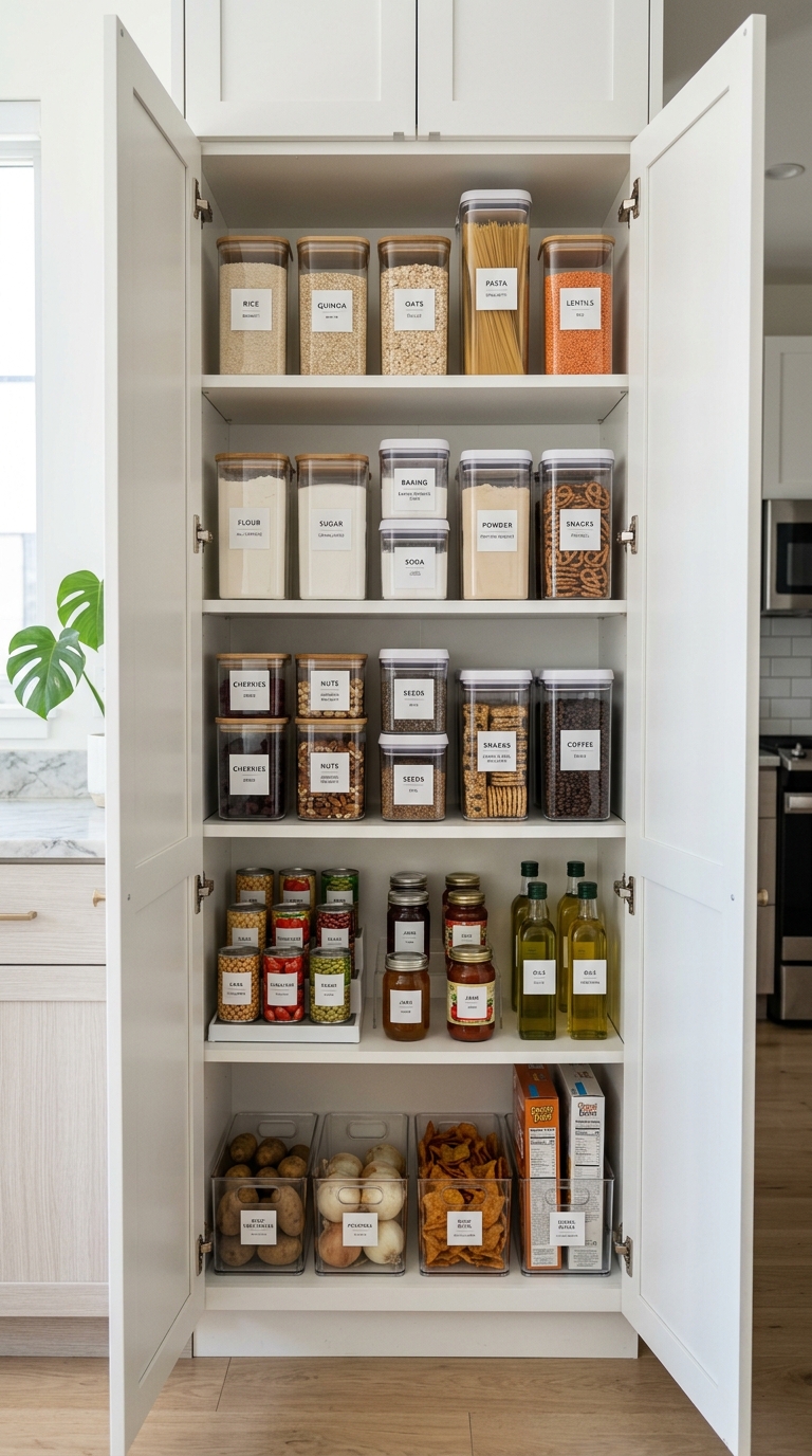 Organized pantry storage containers in a small apartment kitchen