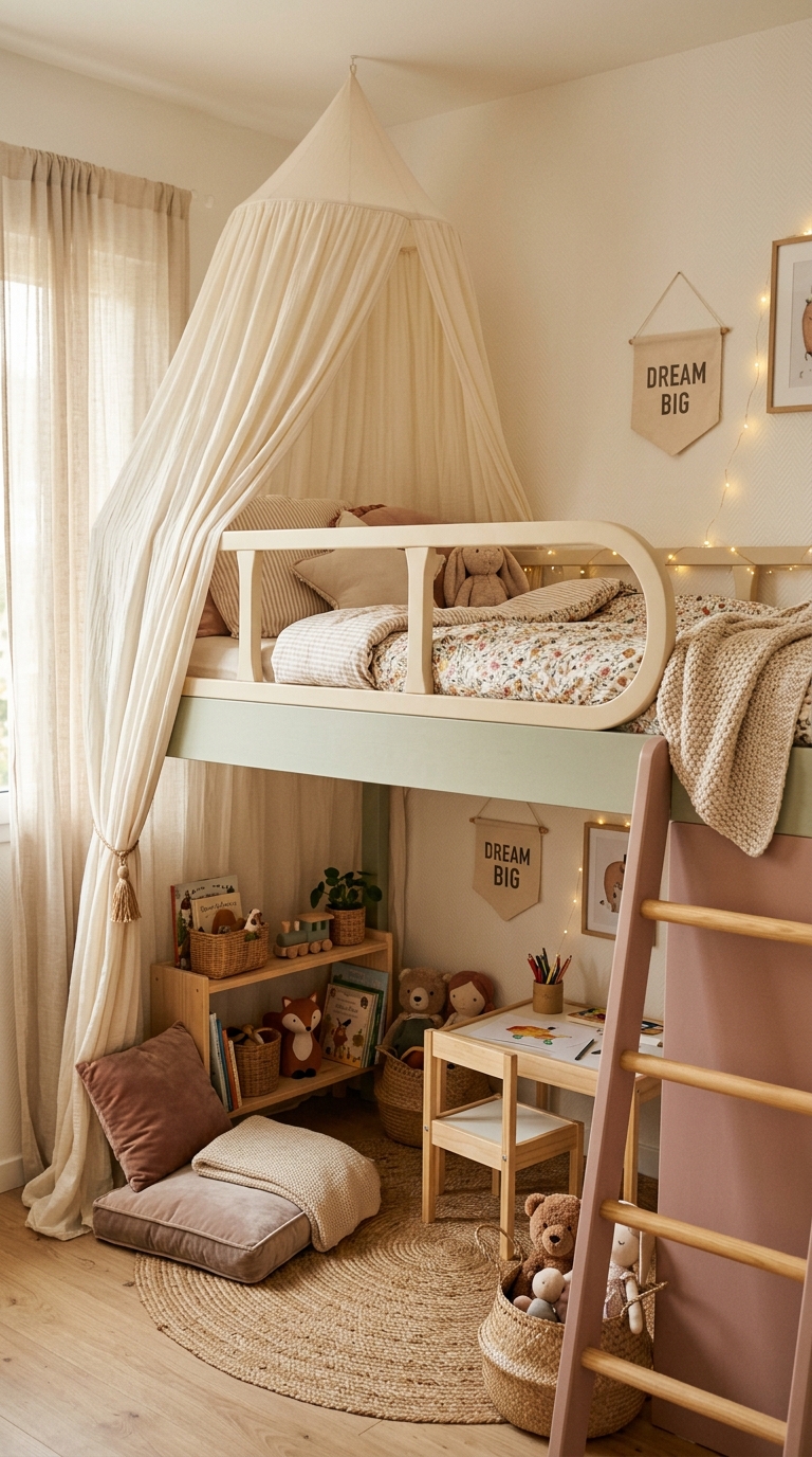 Pastel-colored kids loft bed with play area styled underneath
