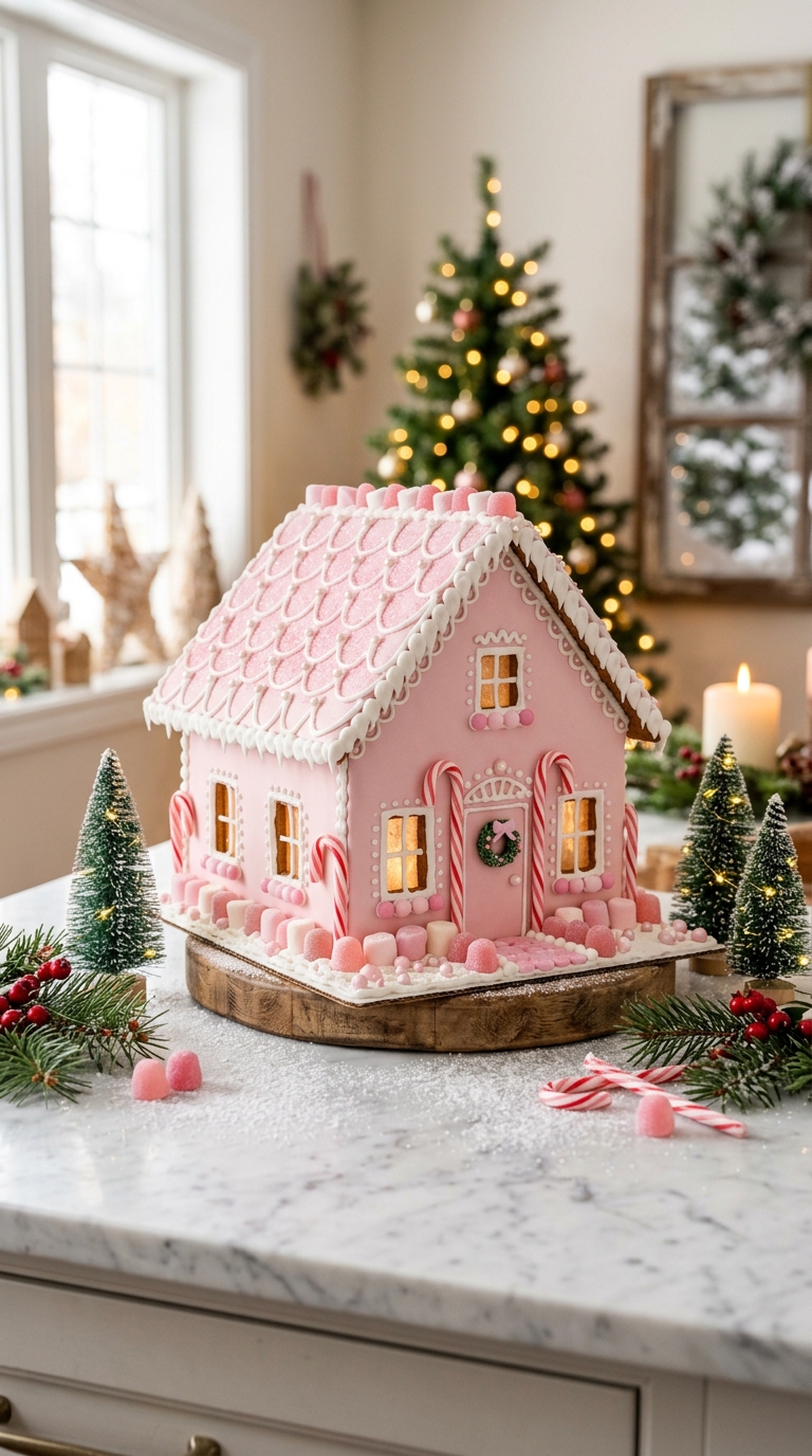 Pastel pink gingerbread house decorated with white royal icing, candy, pearl sprinkles, and festive Christmas decorations.