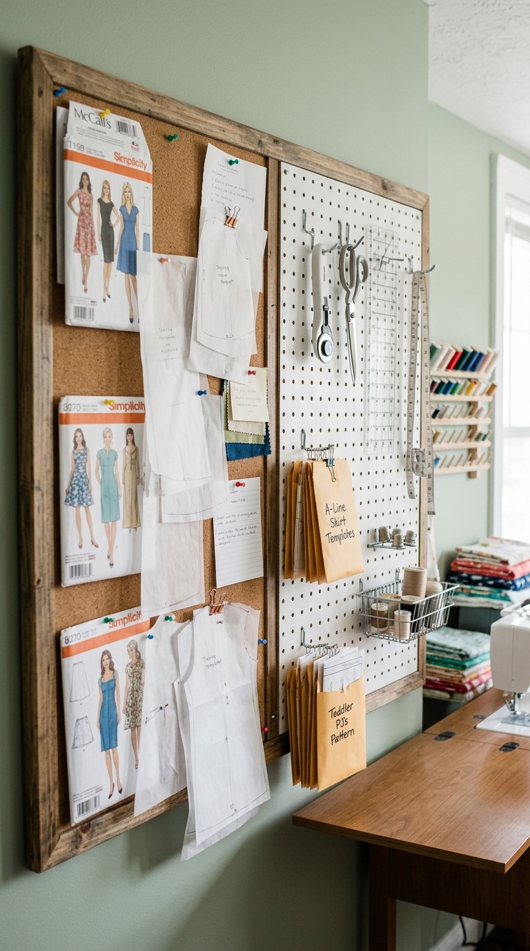 Sewing pattern storage using corkboard and pegboard hybrid organizer