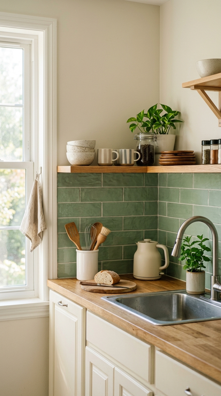 Sage green peel-and-stick backsplash in a small apartment kitchen