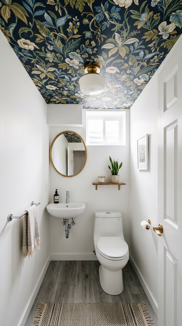 Bold patterned peel-and-stick wallpaper on a basement powder room ceiling