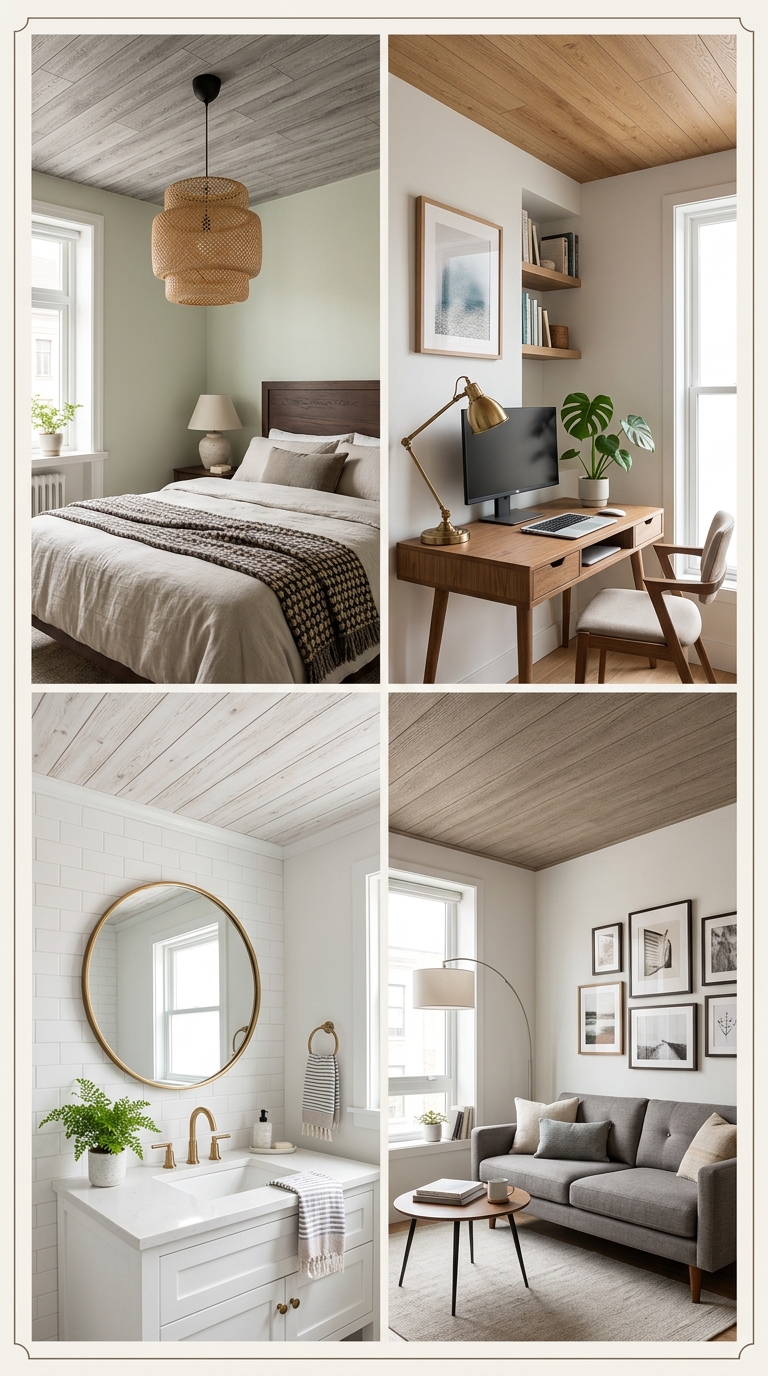 Small apartment bedroom with an easy peel-and-stick wood plank panel ceiling in a driftwood-gray finish.