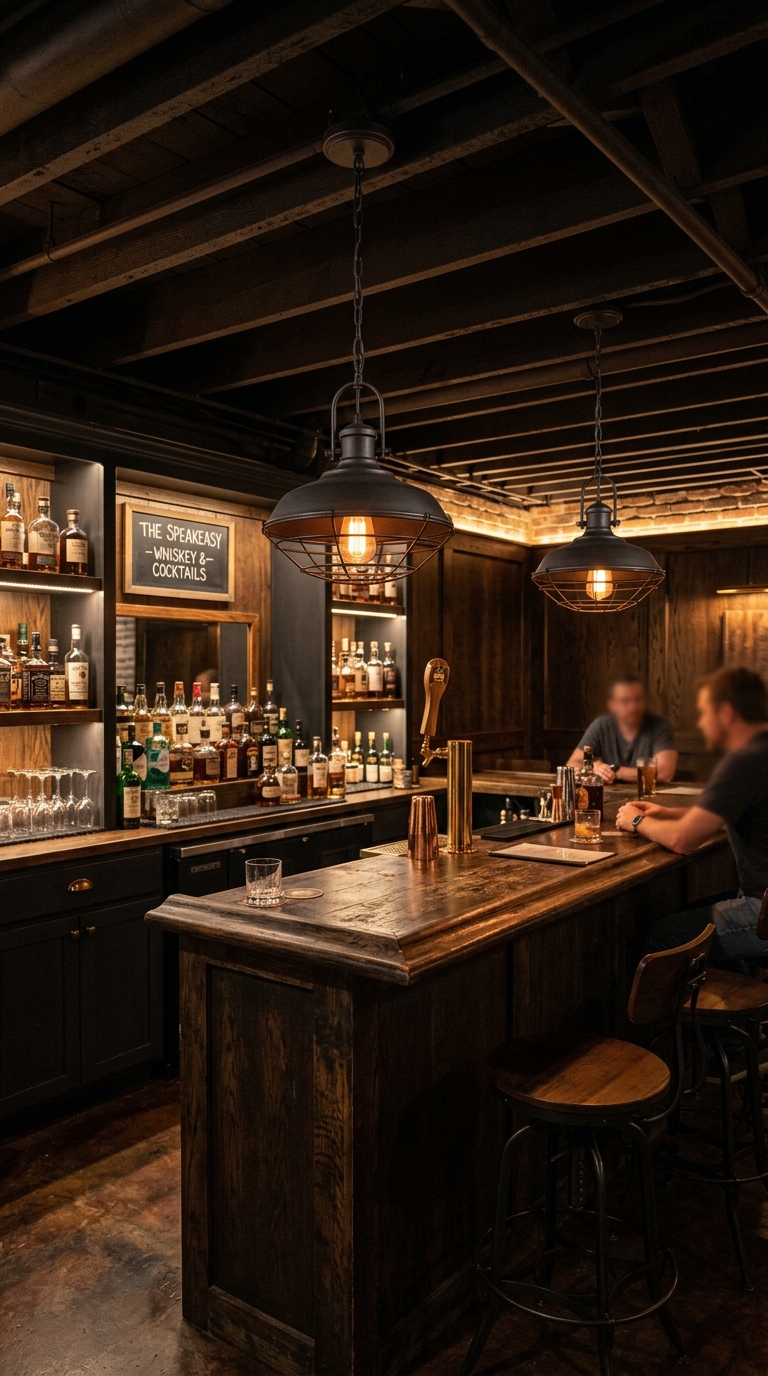Industrial pendant lighting over a basement bar counter
