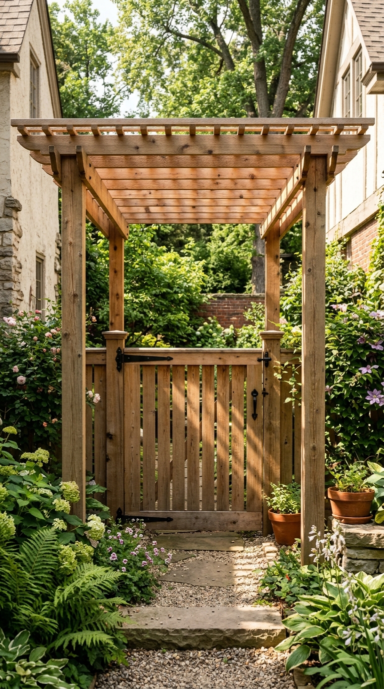 Tall privacy gate idea with pergola extension for overhead privacy