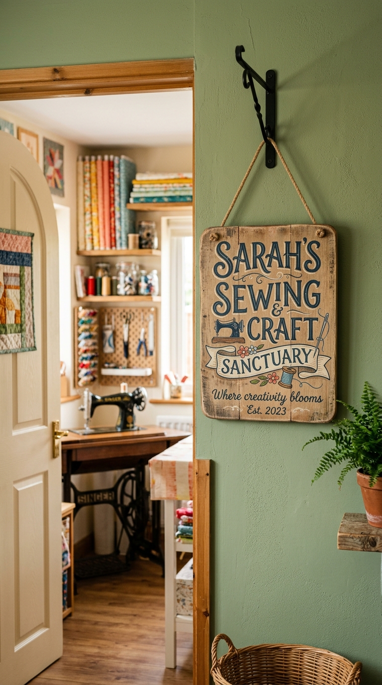 Personalized wall sign decor at sewing room entrance