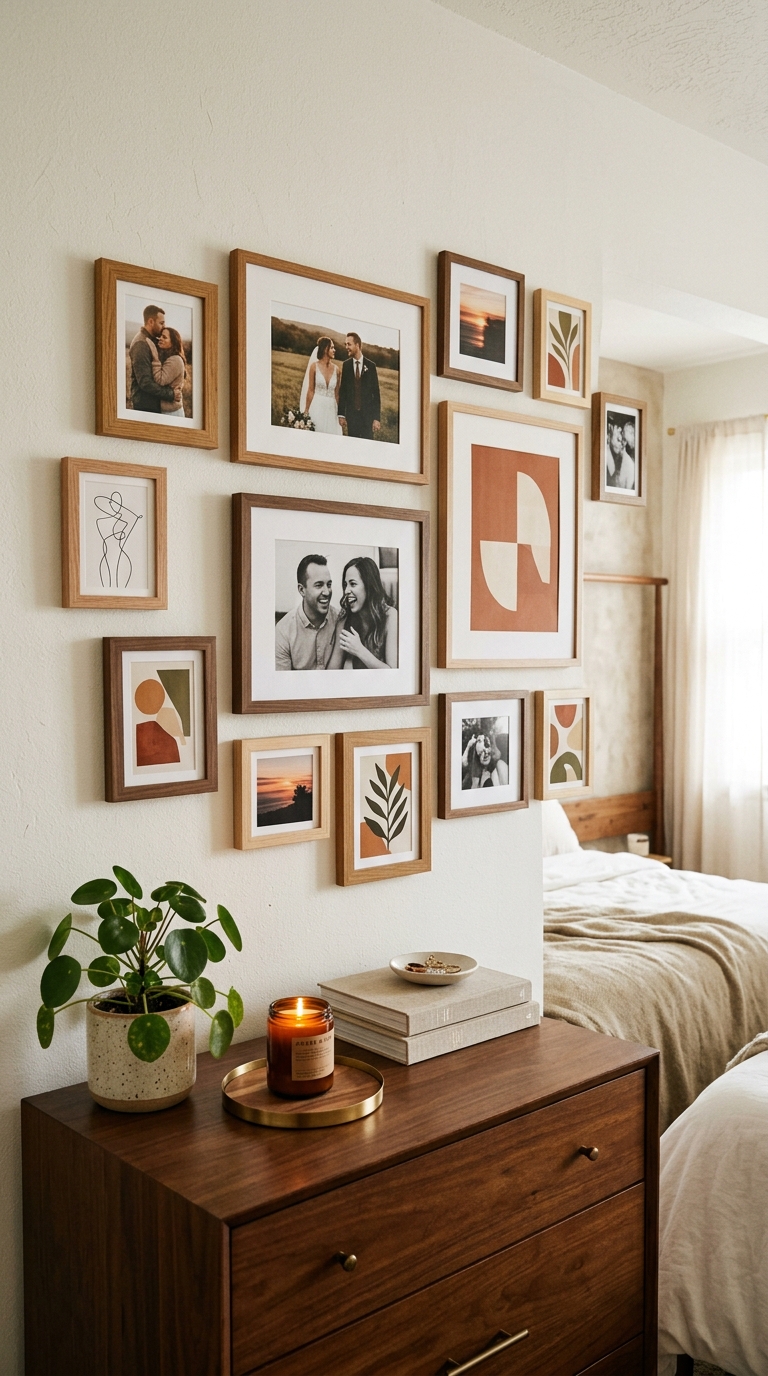 Personalized gallery wall with couple photos and art prints in a warm bedroom setting