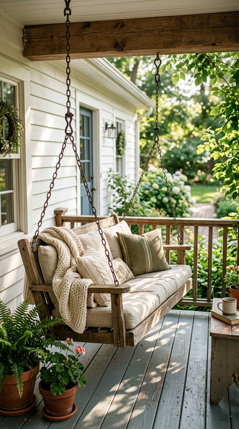 Petite porch swing idea for a small front porch with neutral cushions