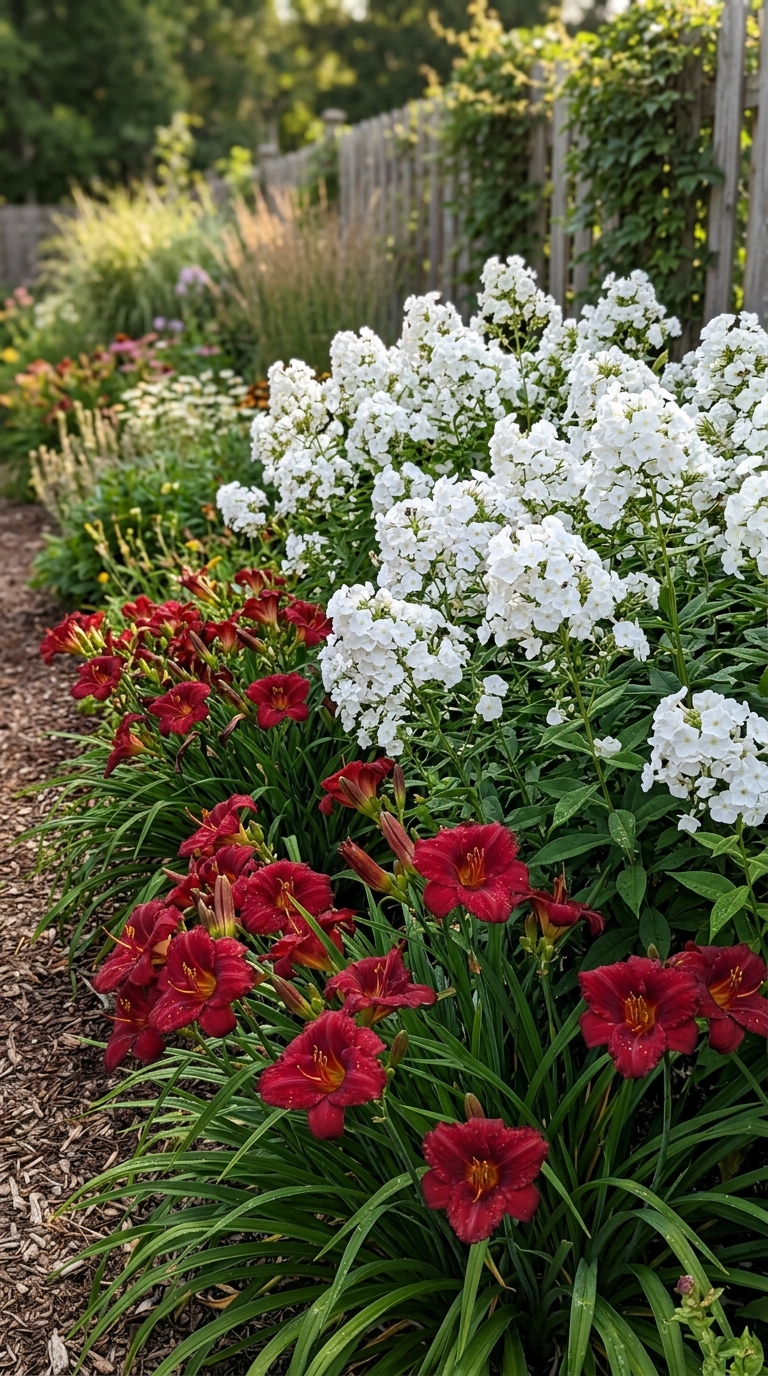 White phlox planted behind red daylilies for late-summer color
