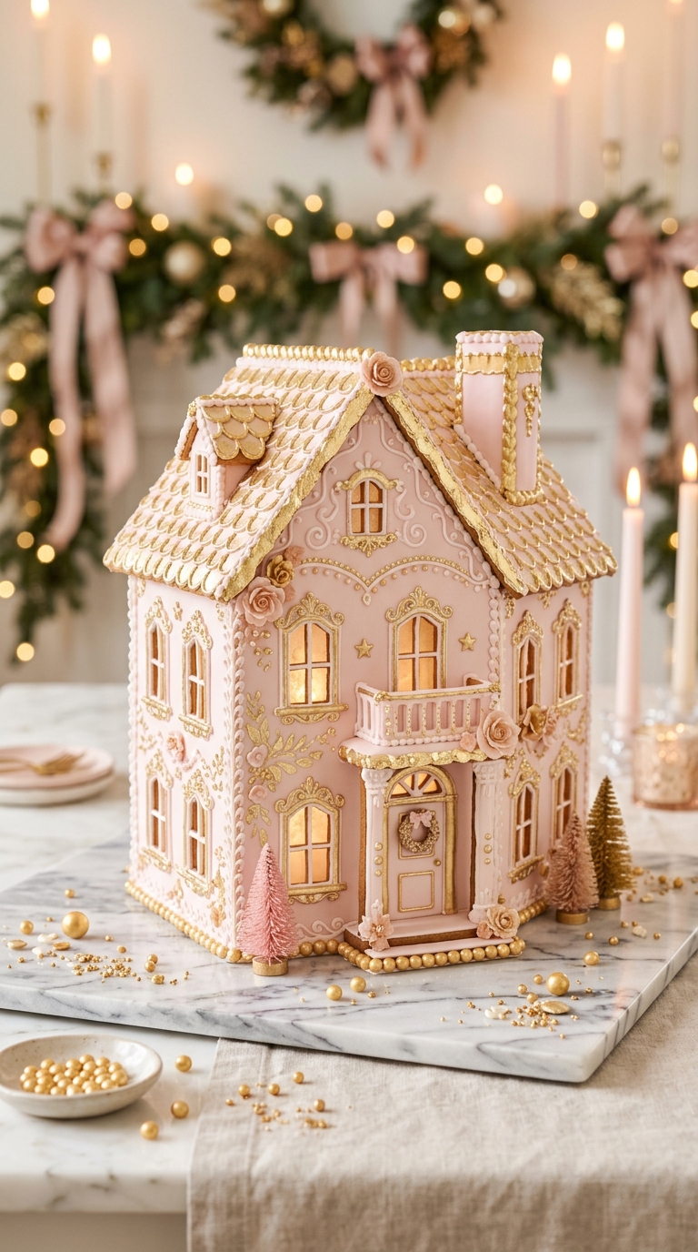 Elegant pink and gold gingerbread house with metallic accents for a glam holiday centerpiece