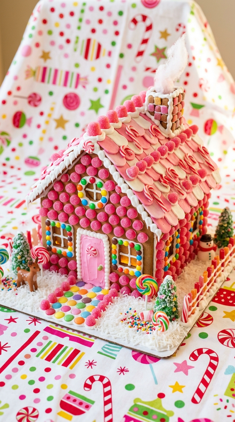 Gingerbread house decorated with pink gumdrops in a polka-dot pattern