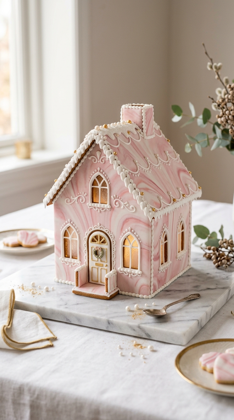 Elegant gingerbread house covered in pink and white marbled fondant