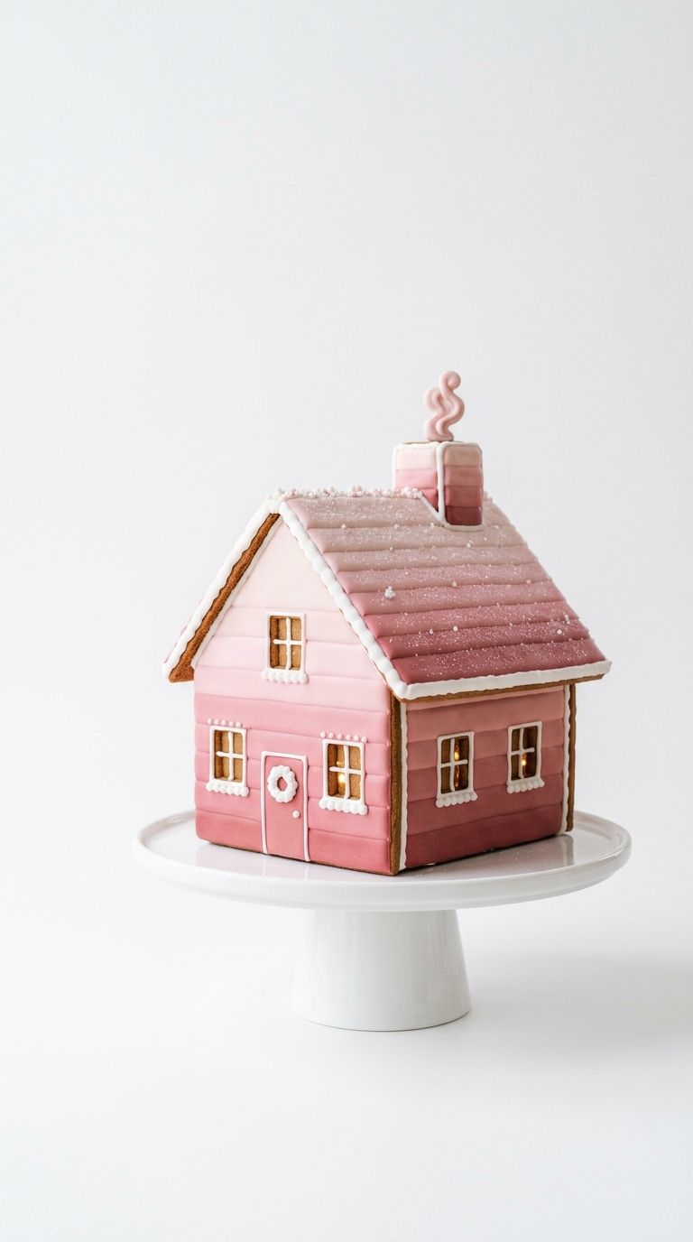 Pink ombre gingerbread house with graduated icing shades from light to dark