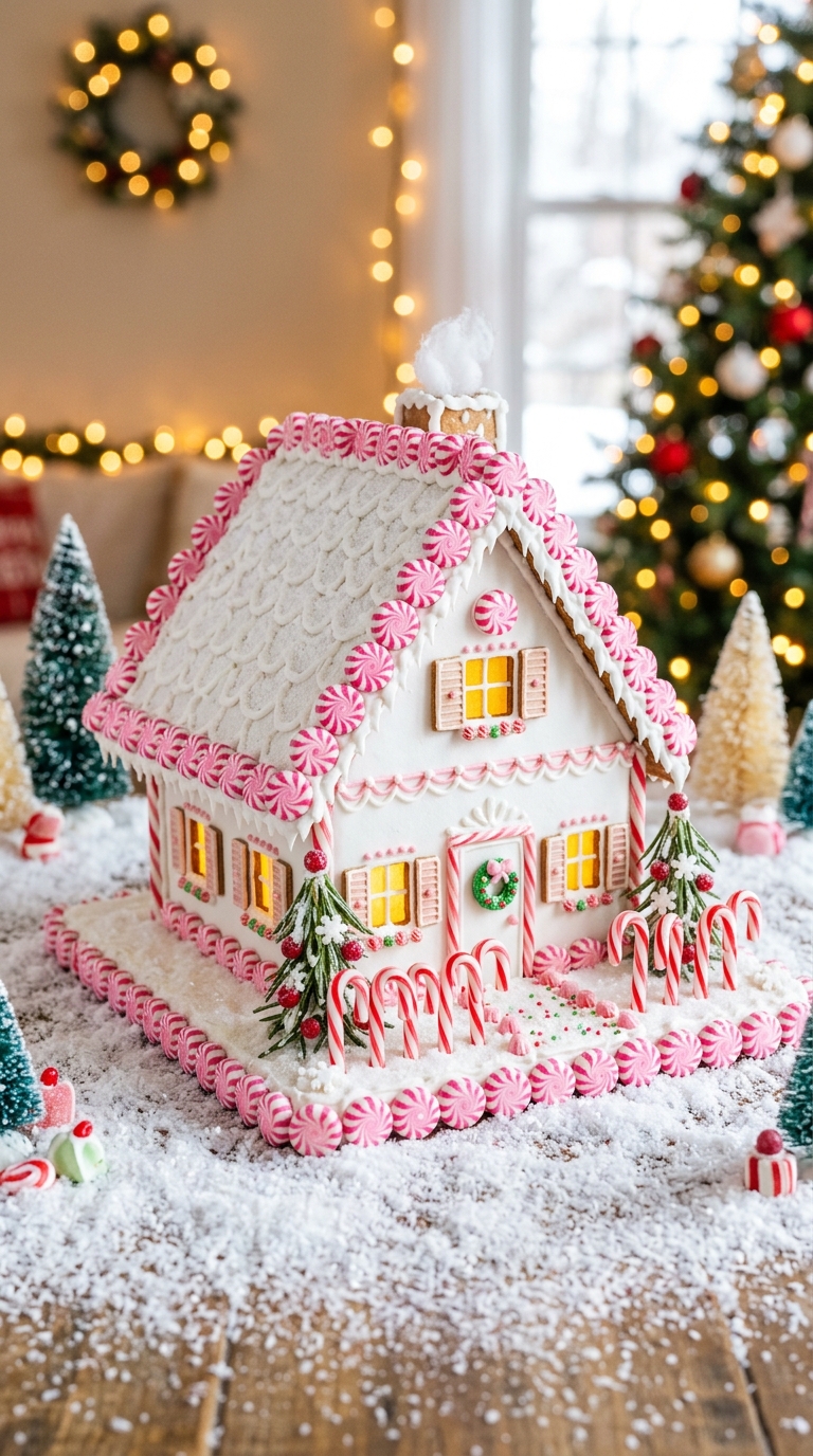 Gingerbread chalet decorated with pink and white peppermint candy swirls