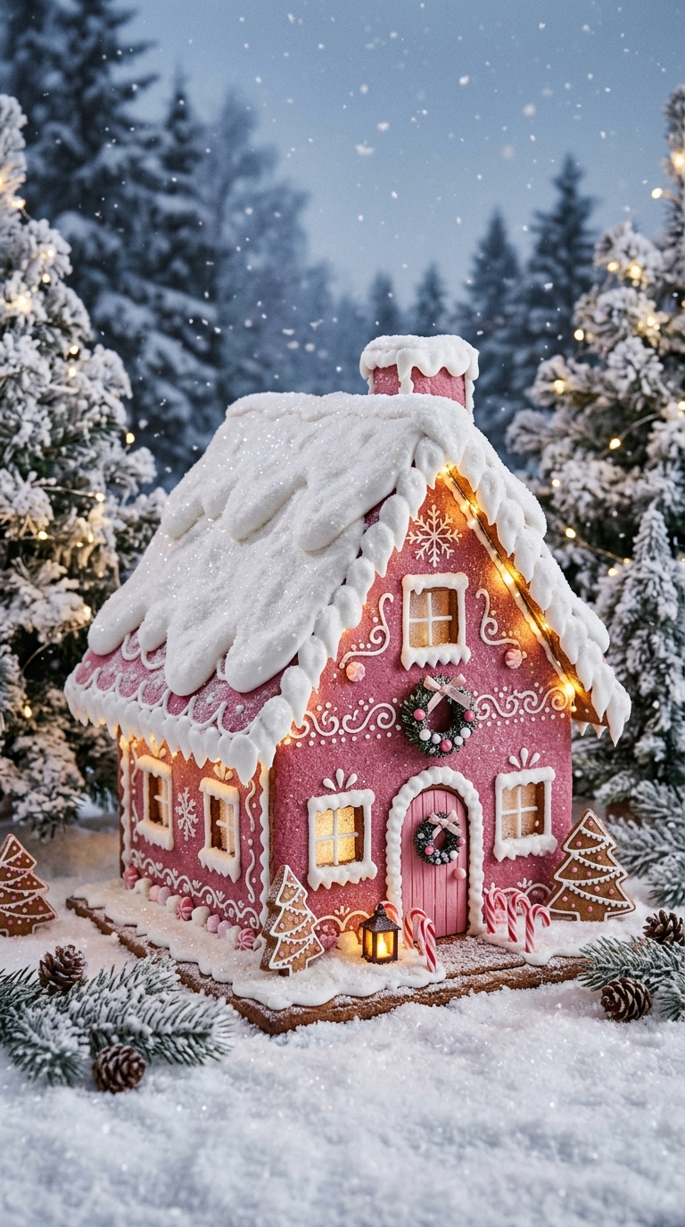 Pink gingerbread cabin topped with white snow icing and sparkling sanding sugar