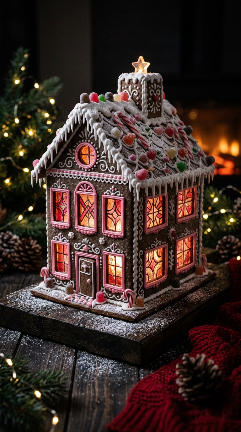 Gingerbread house with pink stained-glass style candy windows and icing frames