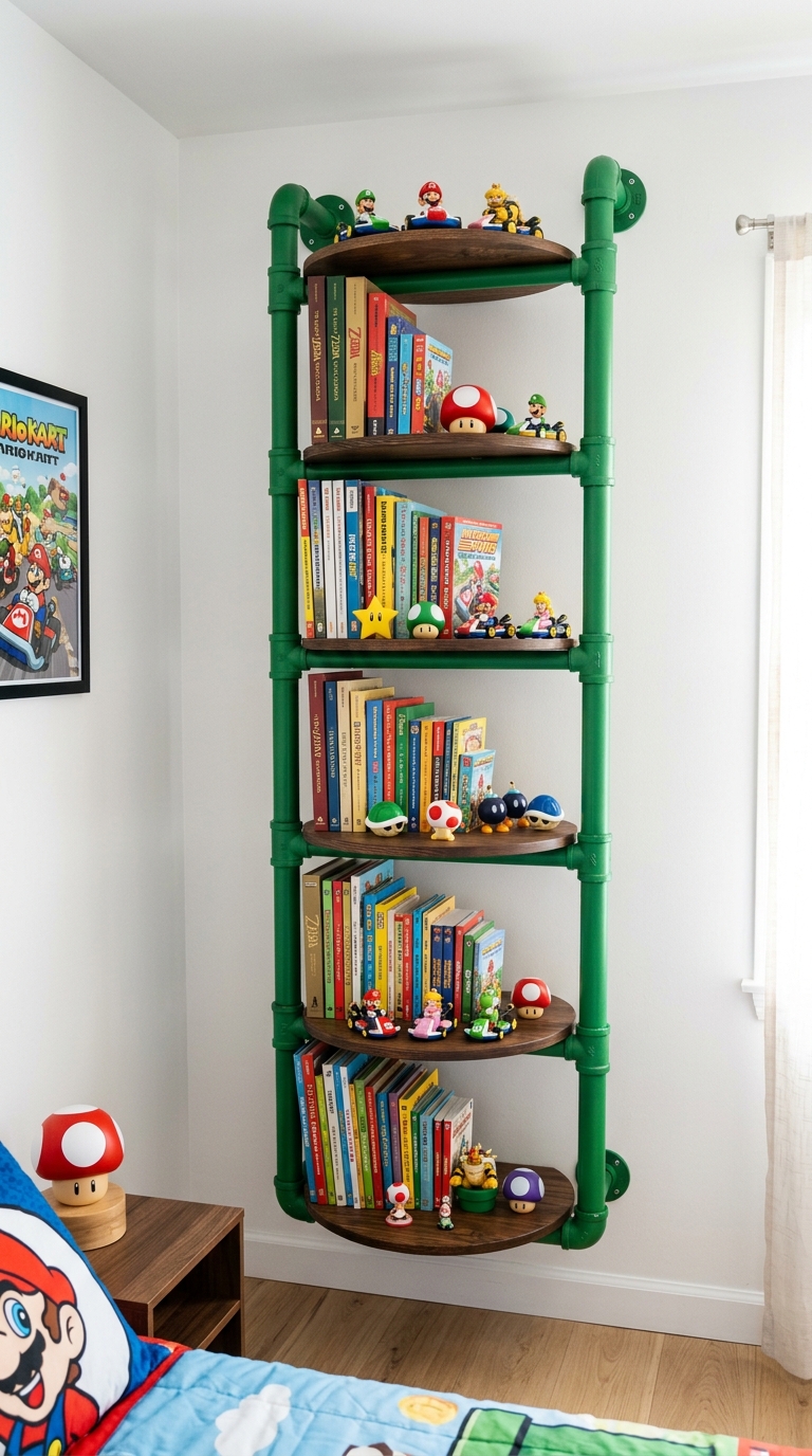 Green pipe-shaped bookshelf styled in a Mario Kart-themed bedroom