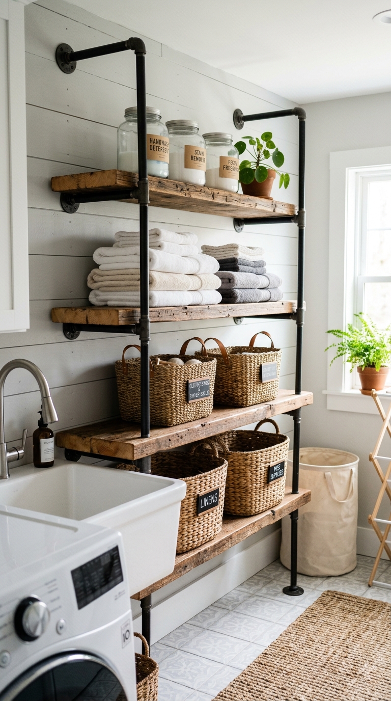 Open pipe shelving idea for industrial laundry room storage