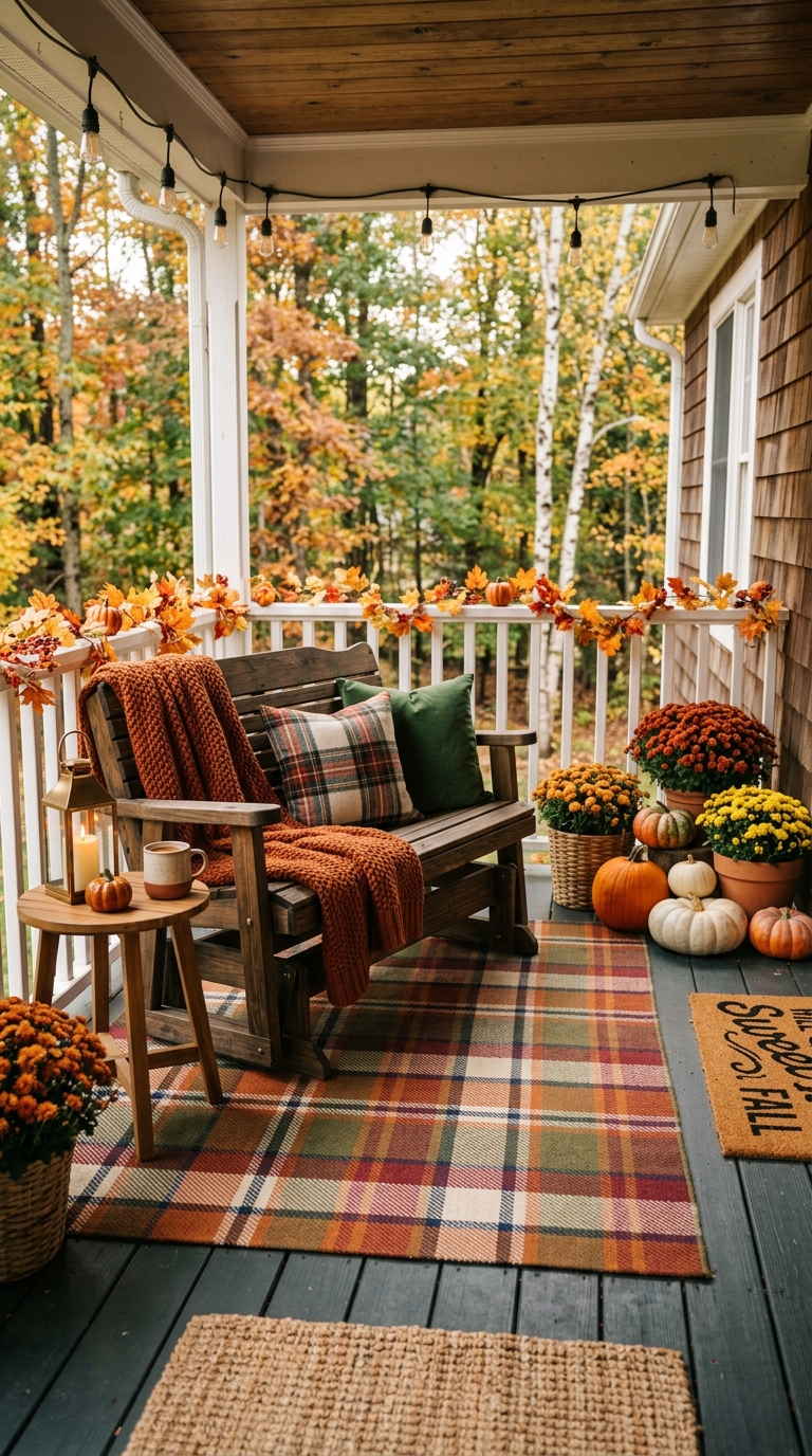 Plaid outdoor rug layered on a porch for cozy fall decor styling.