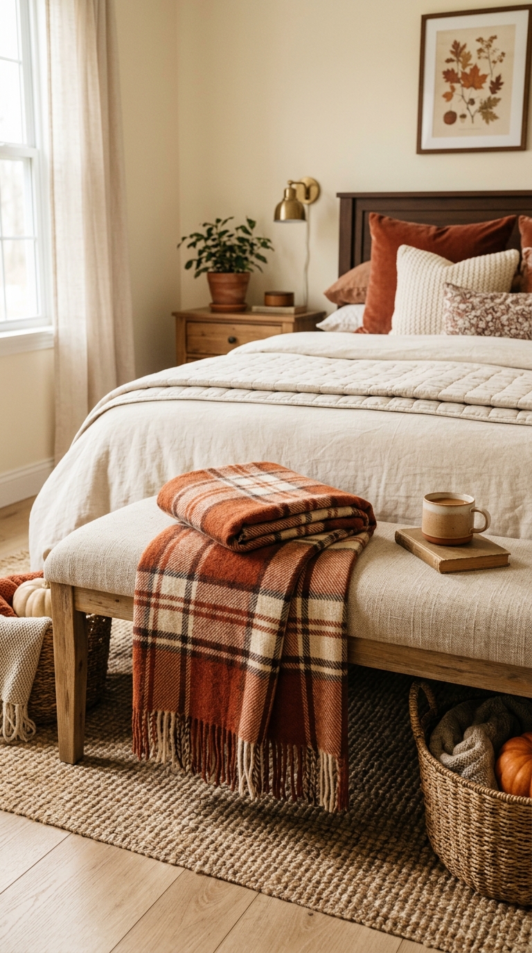 Folded rust plaid throw styled at foot of fall bedroom bed