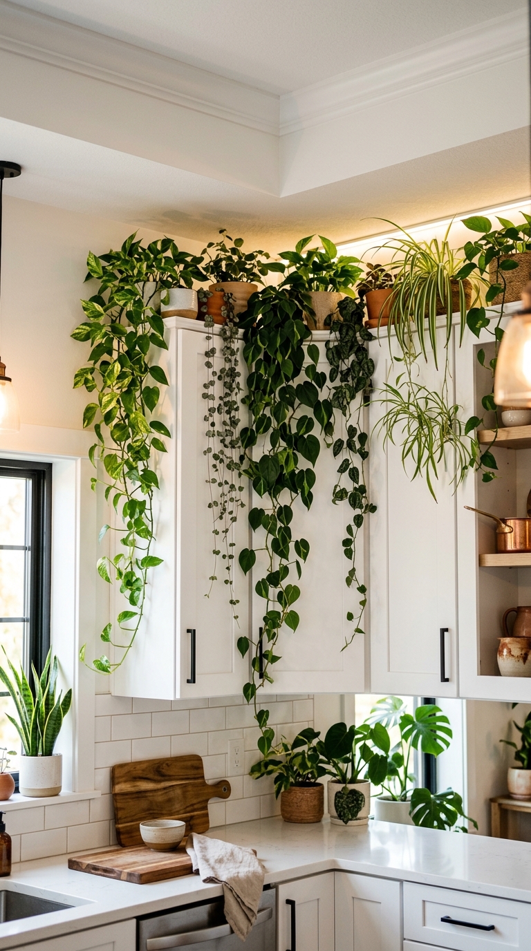 Trailing plants styled above kitchen cabinets