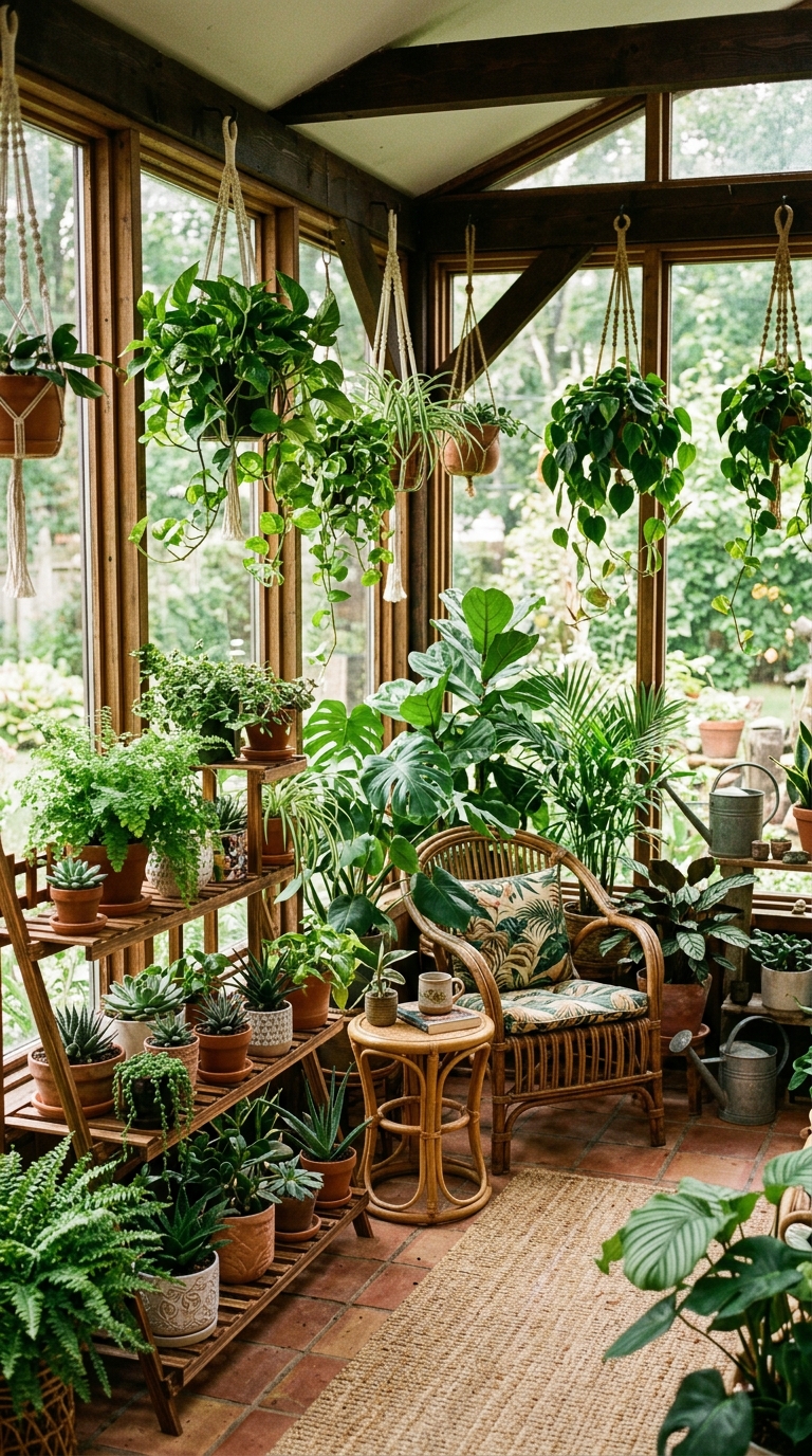 Enclosed porch idea styled as an indoor garden with tiered plant stands