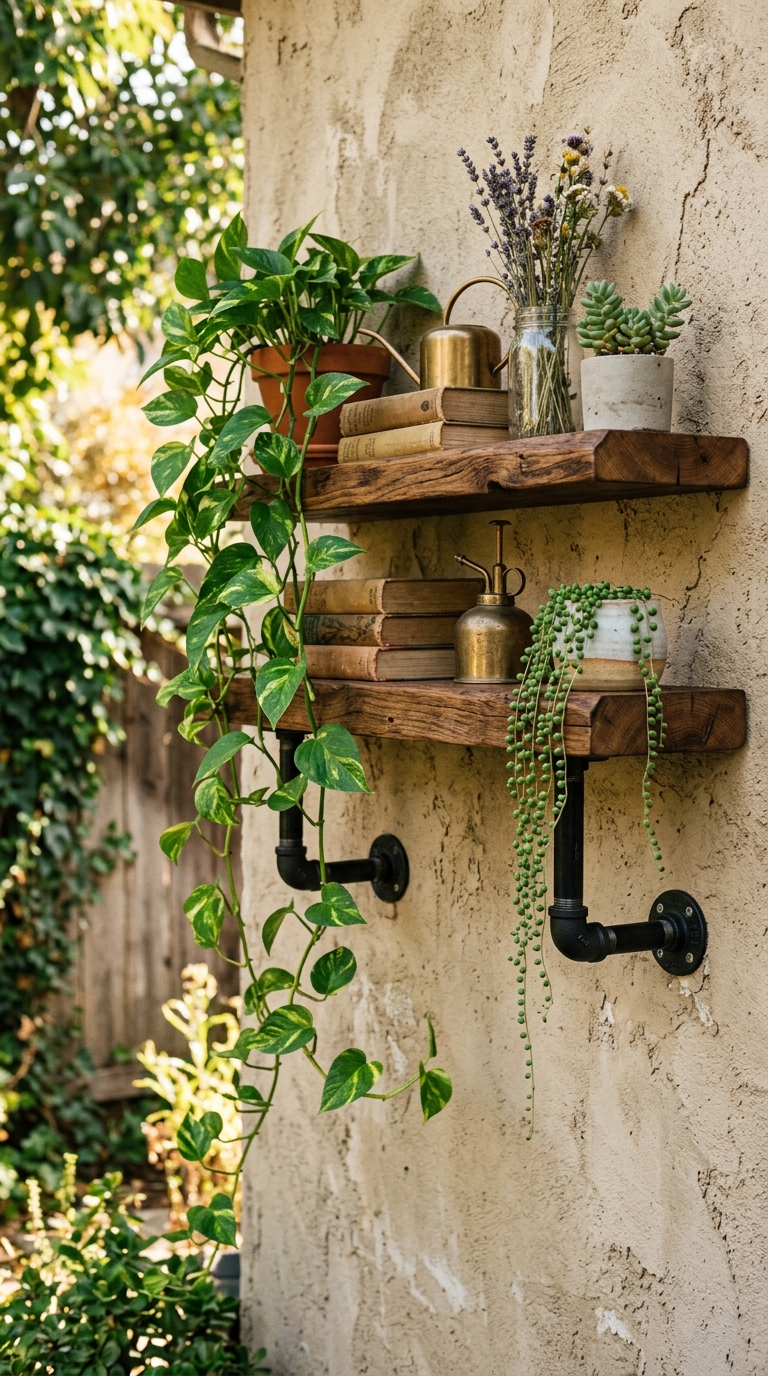 Plumbing pipe bracket plant shelf styled with trailing greenery on an outdoor wall
